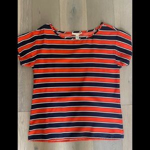 J. CREW Navy and Orange Striped Lightweight Silk Short Sleeve Crew Neck Blouse